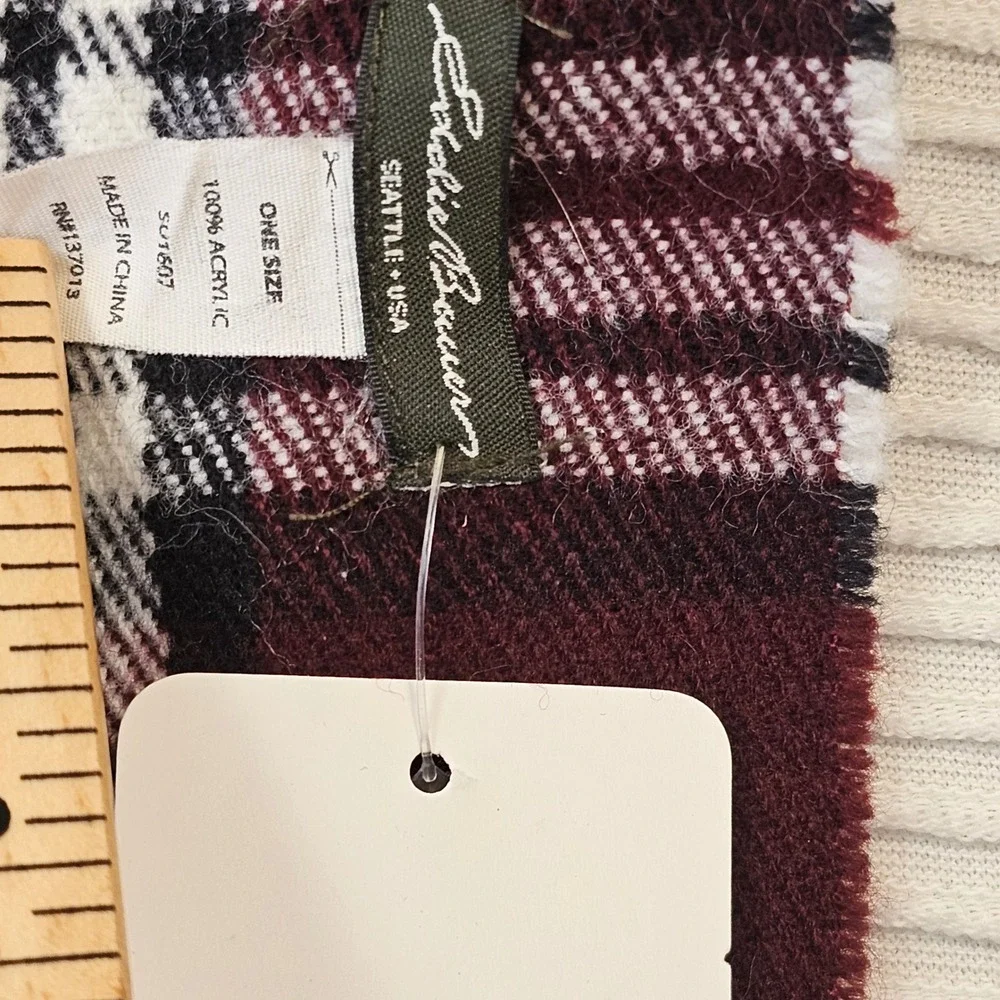 Eddie Bauer Burgundy Plaid Fringed Scarf Acrylic Checkered Wrap S01807